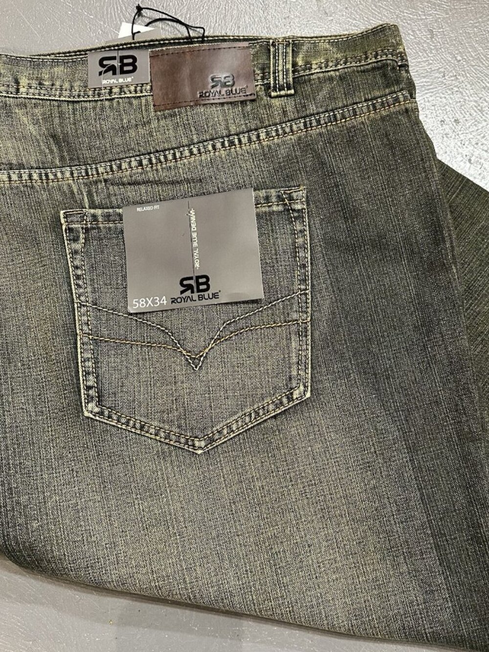 Royal Blue Brand Denim Jeans Men 58 x 34 Relaxed Big & Tall Olive Green Wash